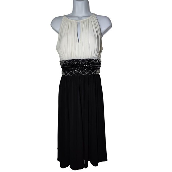 R&M Richards Ivory & Black Tie-Back Halter Midi Dress W Beaded Waist 8 - Picture 2 of 11